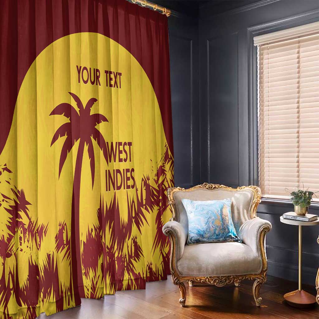 Gold and maroon West Indies window curtain with palm tree and custom text, hanging indoors