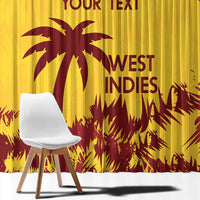 Close-up West Indies window curtain fabric: gold with maroon palm and custom text