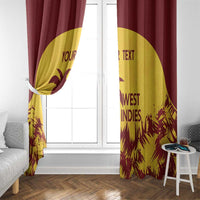 Gold and maroon West Indies window curtain with custom text and palm graphic, tied at side