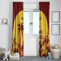 Gold and maroon West Indies window curtain pair with palm tree and custom text, floor-length