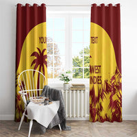 West Indies window curtain set with maroon header and gold panels, palm and custom text