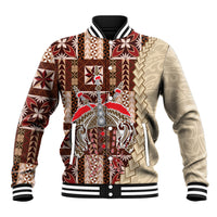 Brown-and-cream baseball jacket with red patterned front, snap buttons, ribbed cuffs