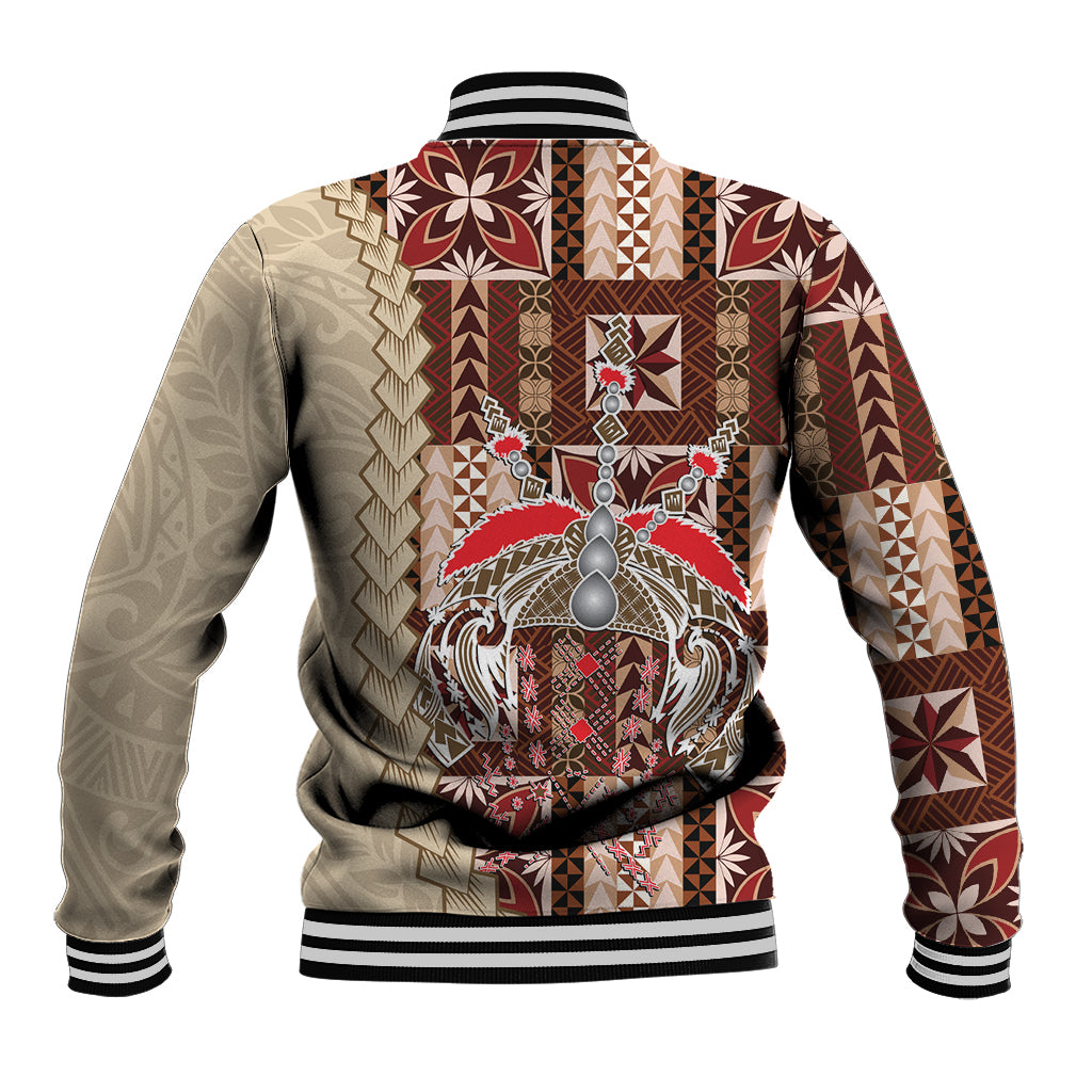 Brown-and-cream baseball jacket with red patterned back, ribbed collar and cuffs