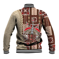 Brown-and-cream baseball jacket with red patterned back, ribbed collar and cuffs