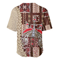 Brown baseball jersey with siapo patchwork print on back, short sleeves, open collar