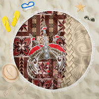 Round beach blanket with white fringe, brown and red Samoan siapo geometric pattern