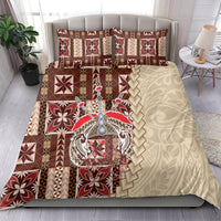 Brown and red siapo-pattern duvet bedding set with decorative pillow and fringe