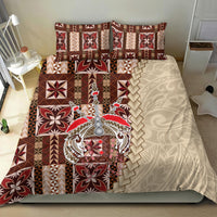 Brown and red siapo-pattern duvet set with two pillows and ornate central emblem