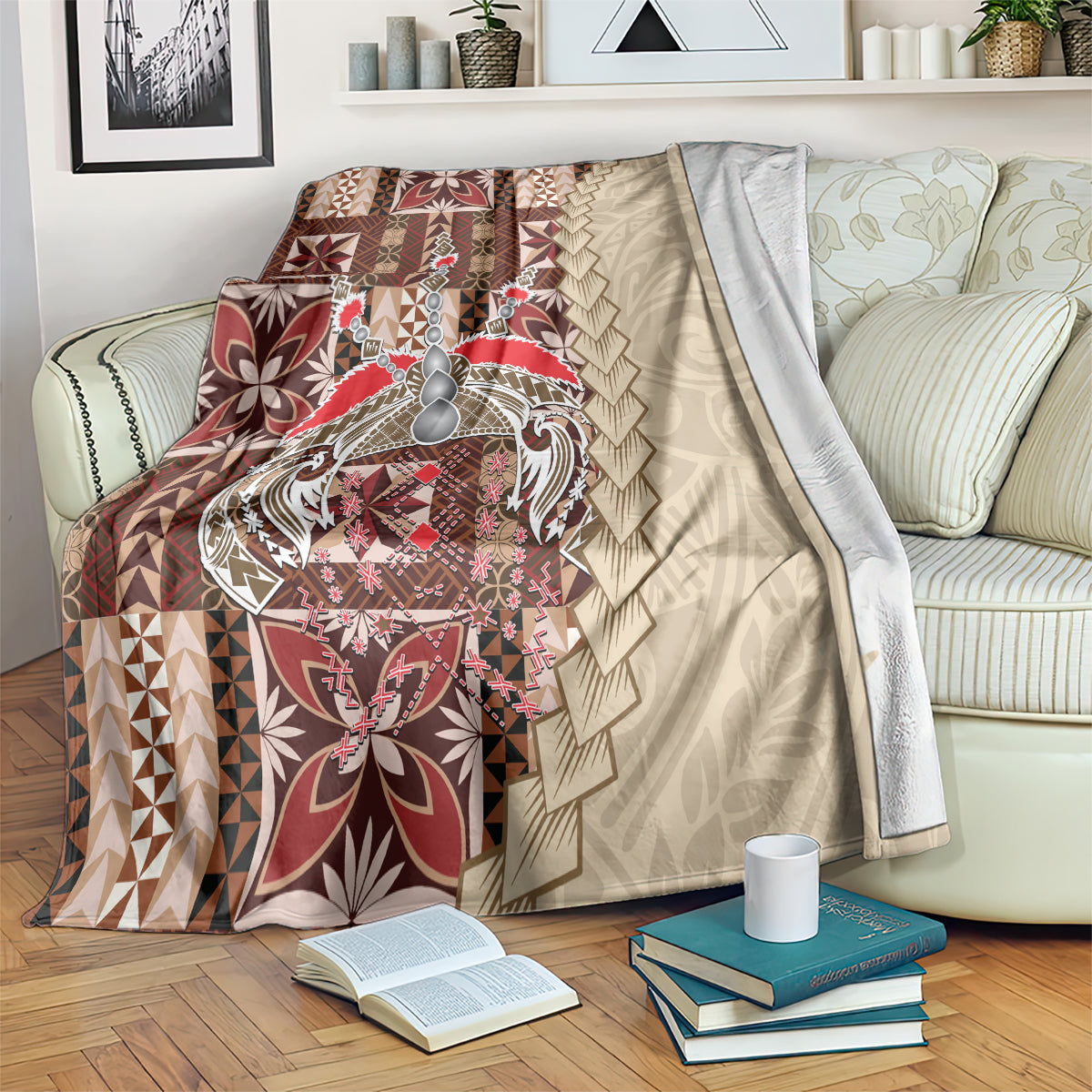 Samoan tapau siapo-pattern blanket, brown and tan with burgundy florals and zigzag edging