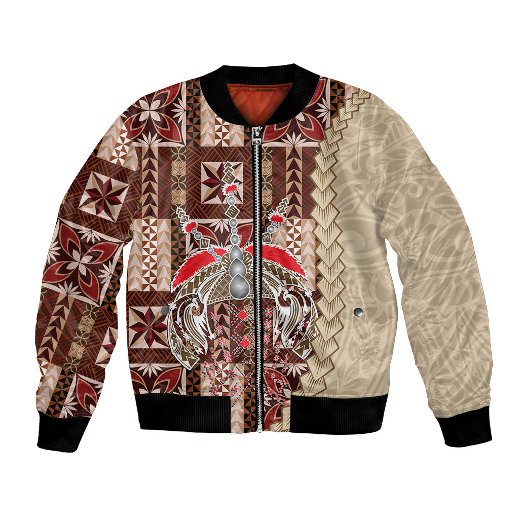 Bomber jacket with brown, red, and cream geometric siapo pattern, front zipper, black rib cuffs