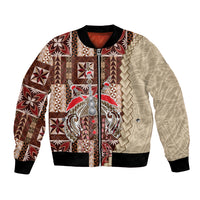 Bomber jacket with brown, red, and cream geometric siapo pattern, front zipper, black rib cuffs