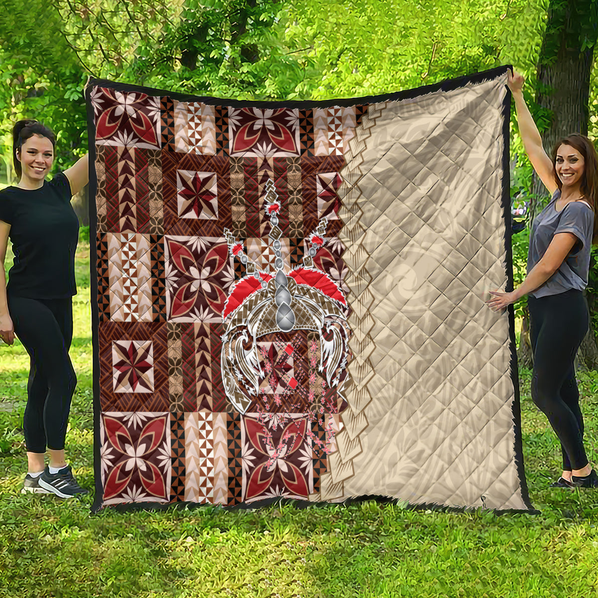 Samoan-inspired patchwork quilt showing brown, red, and cream pattern plus cream quilted side.