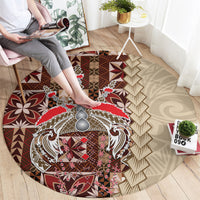 Round siapo-pattern carpet with red and brown medallion, beige border, and geometric shapes