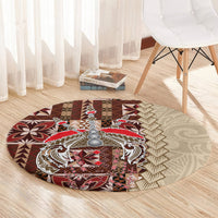 Round siapo-pattern carpet with circular medallion and geometric red-brown-beige design