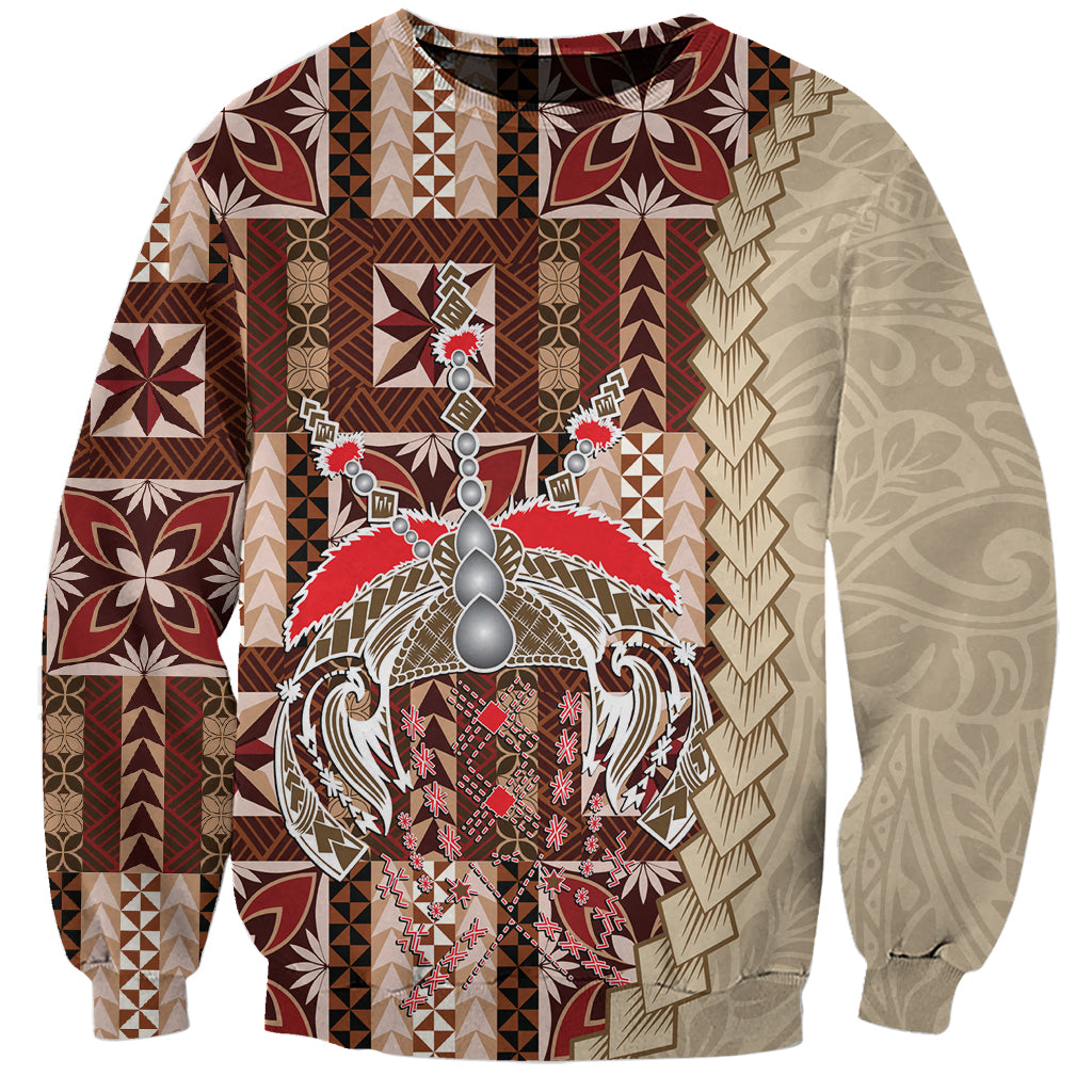 Samoan siapo-pattern sweatshirt in brown with large central tribal crest graphic, long sleeves