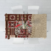 Brown Samoan siapo-pattern tablecloth with geometric blocks and floral motifs on light background