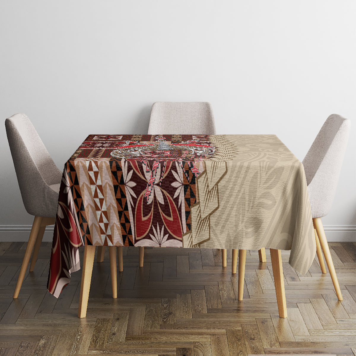 Square brown siapo-pattern tablecloth on dining table, with stylized shapes and border detail