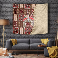 Brown Samoan siapo style tapestry with geometric patchwork and a central circular motif