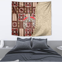 Brown and cream siapo-pattern tapestry with geometric blocks and central ornamental medallion