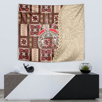 Wall-hanging brown and cream siapo tapestry with patchwork squares and silver central medallion