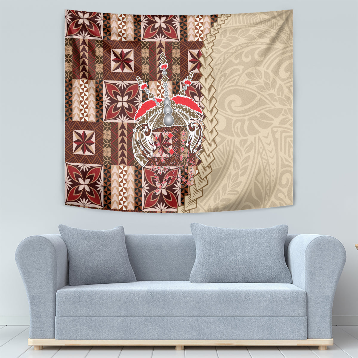Samoan siapo pattern tapestry in brown tones with geometric blocks and central decorative emblem