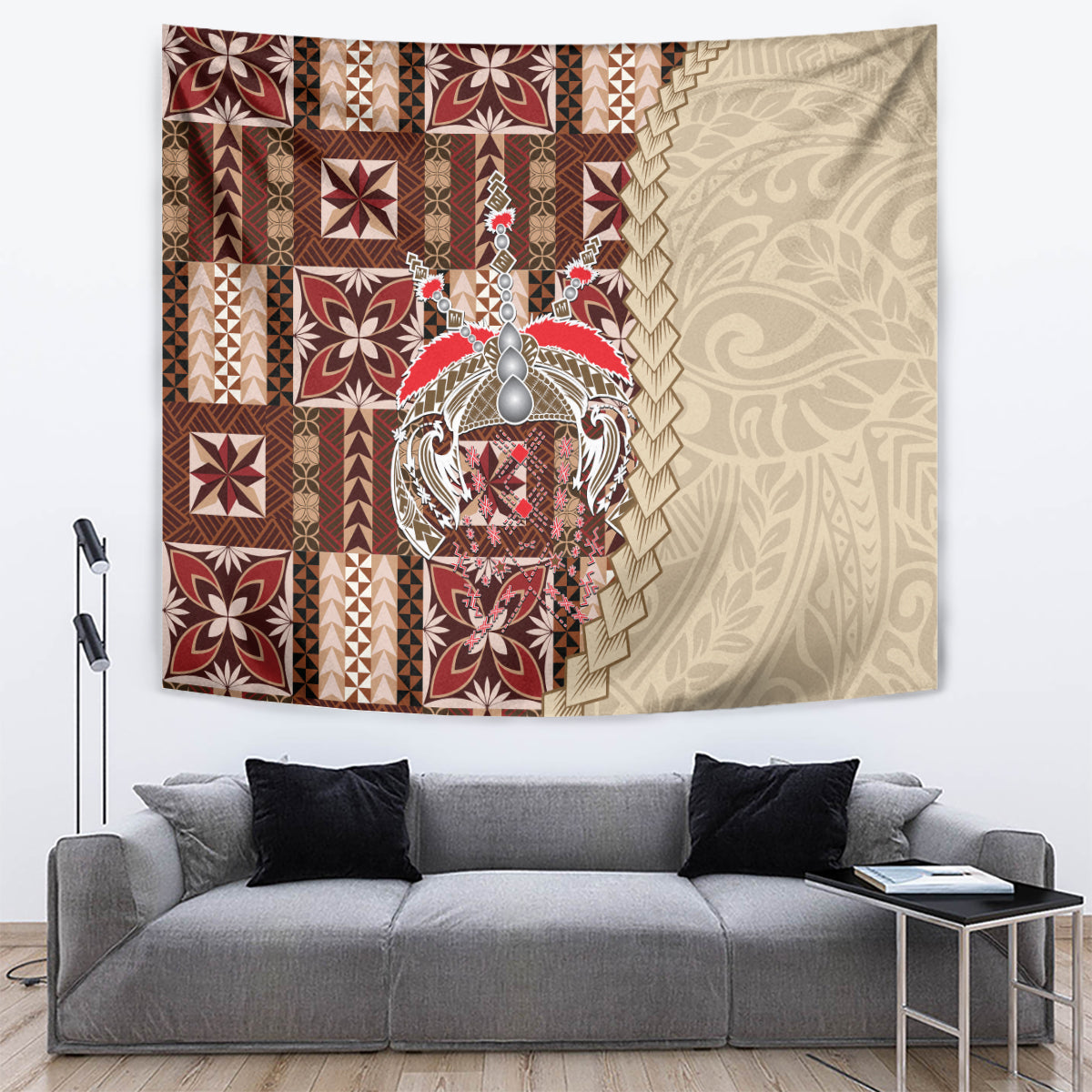 Brown siapo-pattern tapestry featuring geometric patchwork and central circular pendant motif