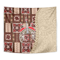 Close view of brown and cream siapo style tapestry with geometric patchwork and central medallion