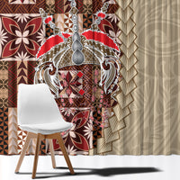 Brown patterned window curtain with floral siapo motifs and ornate silver medallion design