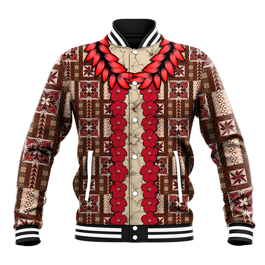Unisex brown baseball jacket with red floral tapa pattern, snap buttons, ribbed cuffs
