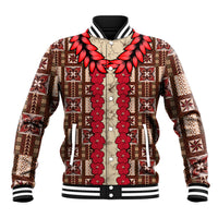 Unisex brown baseball jacket with red floral tapa pattern, snap buttons, ribbed cuffs
