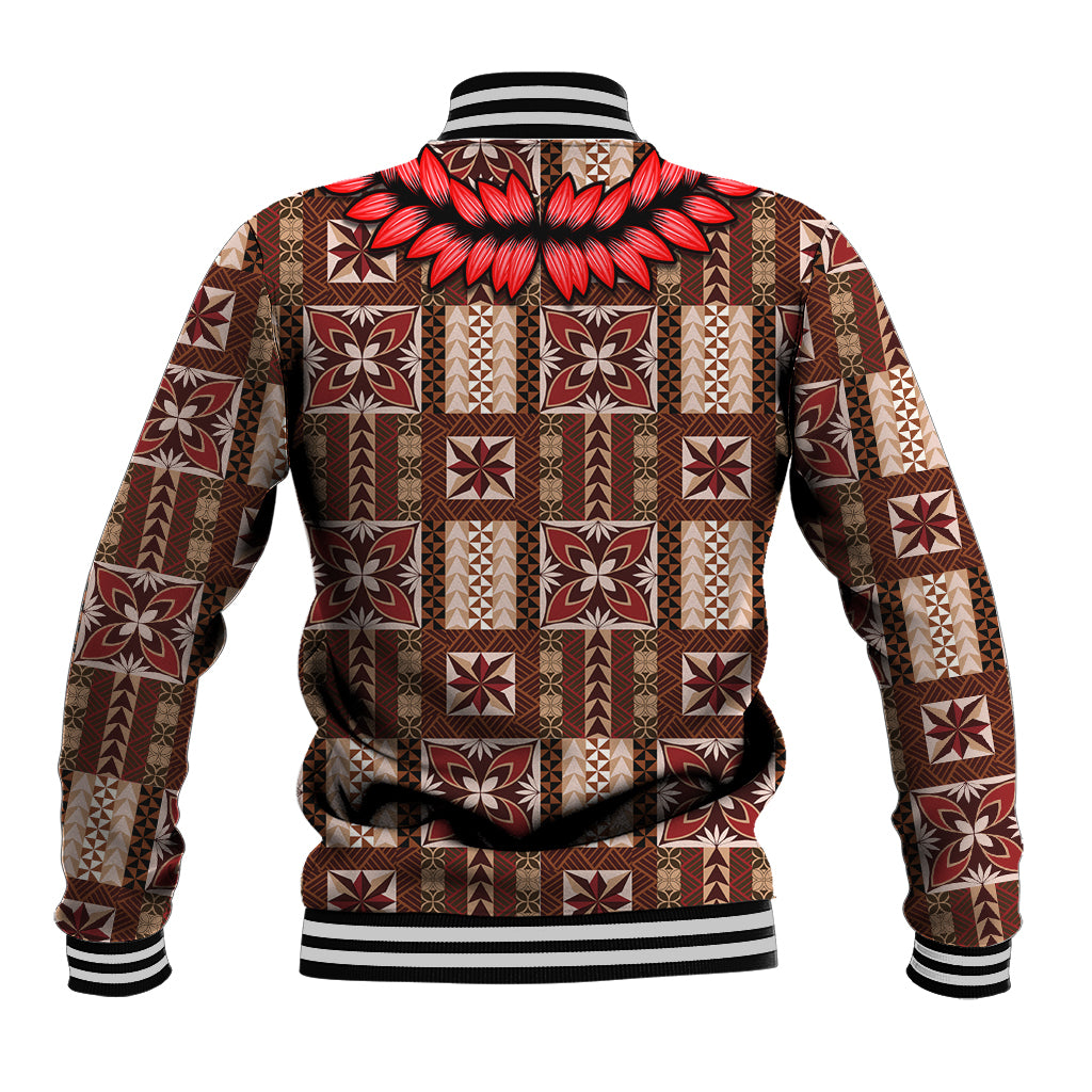 Unisex brown baseball jacket with red tapa patchwork pattern, ribbed striped collar and hem