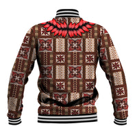 Unisex brown baseball jacket with red tapa patchwork pattern, ribbed striped collar and hem