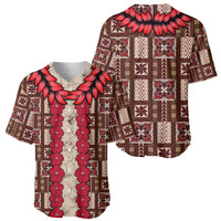 Brown baseball jersey with red hibiscus tapa print, front and back shown