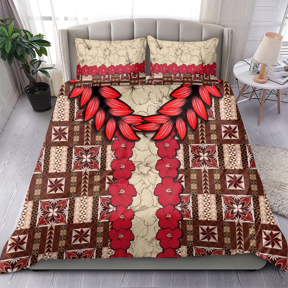 Brown duvet cover bedding set with large red hibiscus leaf motif, geometric panels; two pillowcases