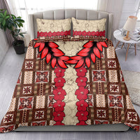 Brown duvet cover bedding set with large red hibiscus leaf motif, geometric panels; two pillowcases