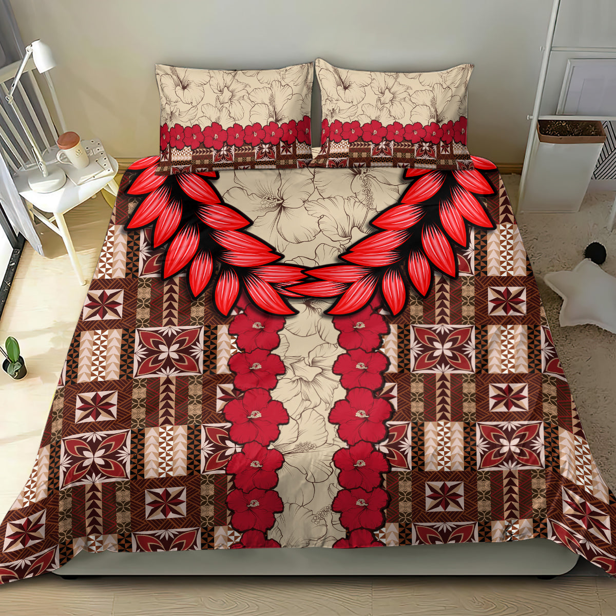 Brown tapa-pattern bedding set with red hibiscus leaf wings and floral column; two pillowcases