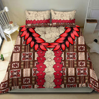 Brown tapa-pattern bedding set with red hibiscus leaf wings and floral column; two pillowcases