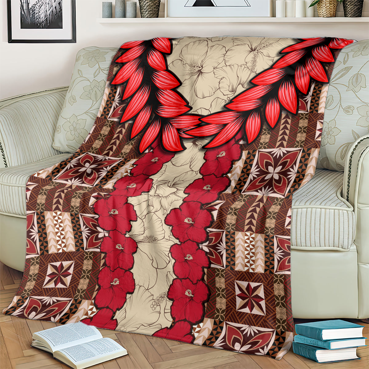 Samoa siapo blanket on armchair, red floral vines and brown geometric blocks with red petal border