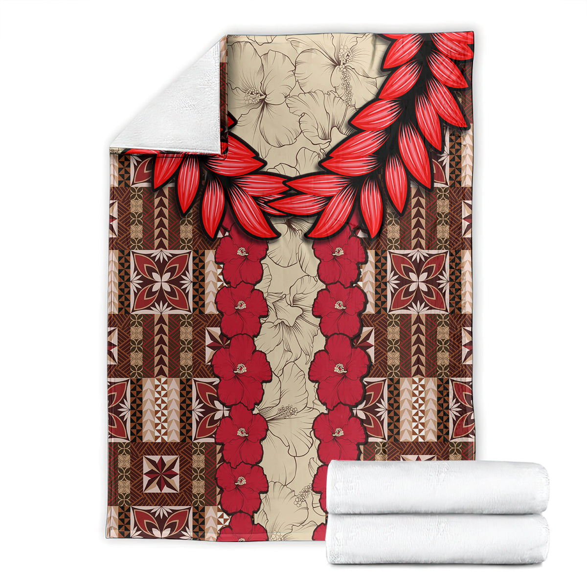 Samoa siapo blanket folded and stacked with red floral vines, brown geometric pattern, white roll towels