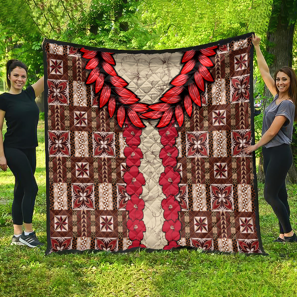 Brown quilt with red leaf wreath, central red floral stripe, and cream geometric blocks