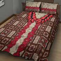 Brown quilt bed set featuring red hibiscus tapa floral center stripe and geometric border, two shams