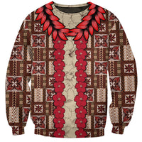 Unisex tapa-pattern sweatshirt, brown with red floral hibiscus vines and patchwork print