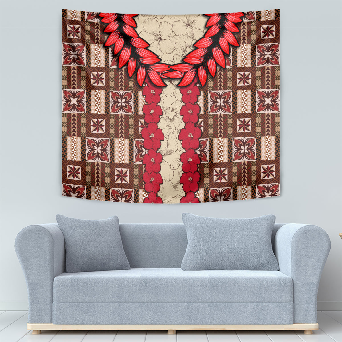 Red and brown tapestry featuring leafy wreath top and vertical red garland in patchwork frame