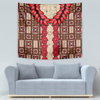 Red and brown tapestry featuring leafy wreath top and vertical red garland in patchwork frame