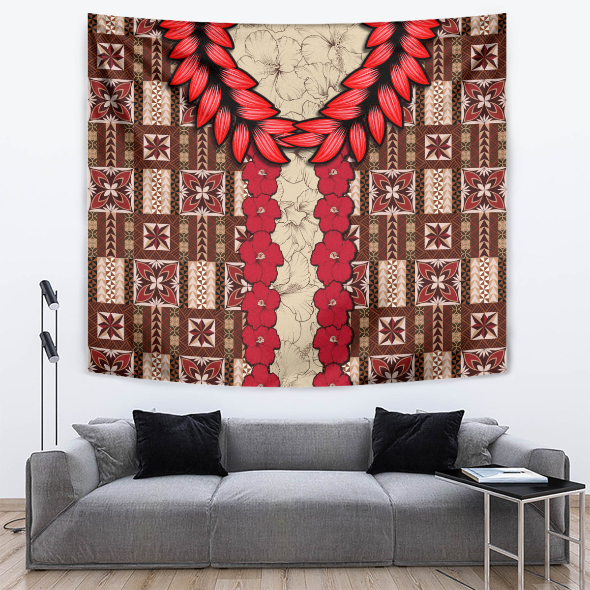 Red wreath and vertical garland tapestry with brown geometric square and stripe patterns