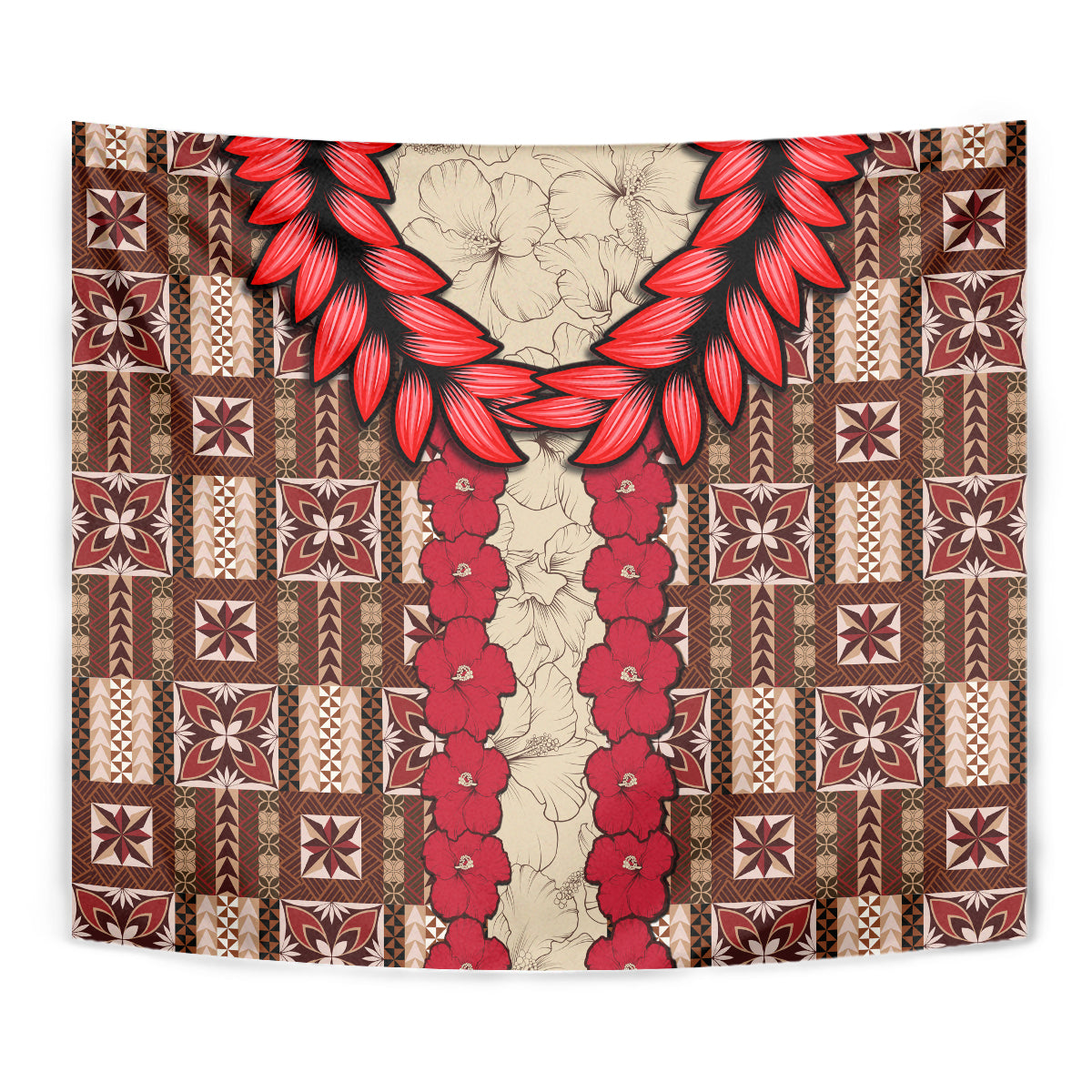 Folded-style flat tapestry with red wreath, red garland, and brown geometric border
