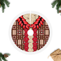 Brown tapa tree skirt with red hibiscus and patterned center circle, ruffled edge