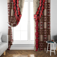 Brown tapa-pattern curtain panels with red hibiscus vines, framing a window opening.