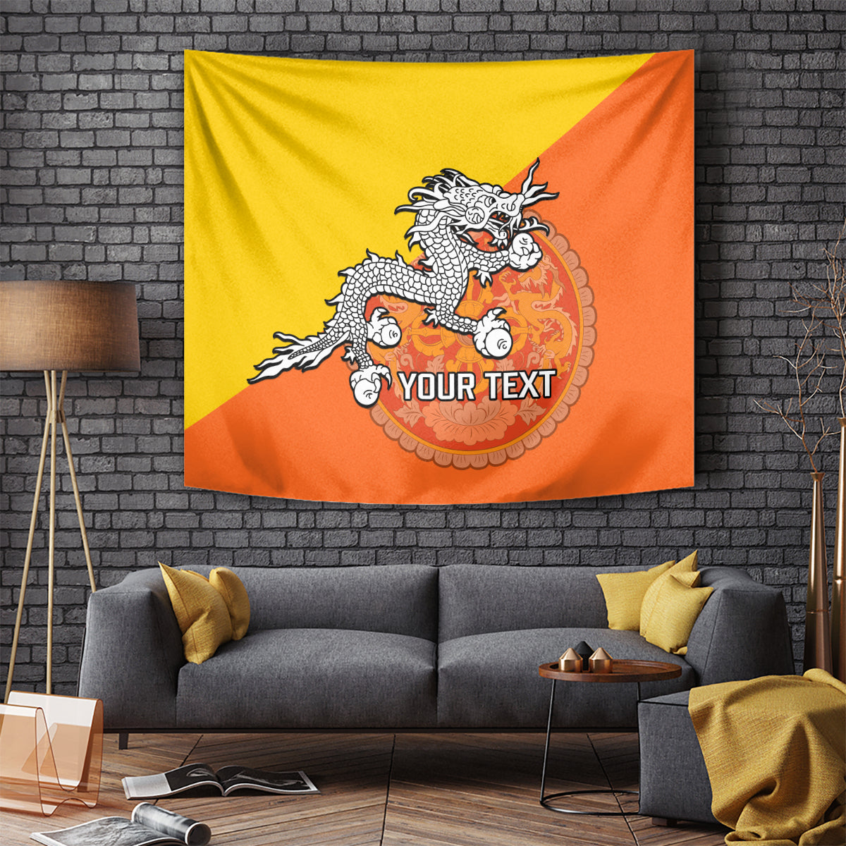 personalised-bhutan-national-day-tapestry-coat-of-arms-mix-flag-style