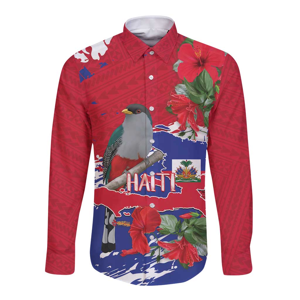 Haiti Independence Day Long Sleeve Button Shirt 1804 Proud Ayiti Map Hispaniolan Trogon - Wonder Print Shop